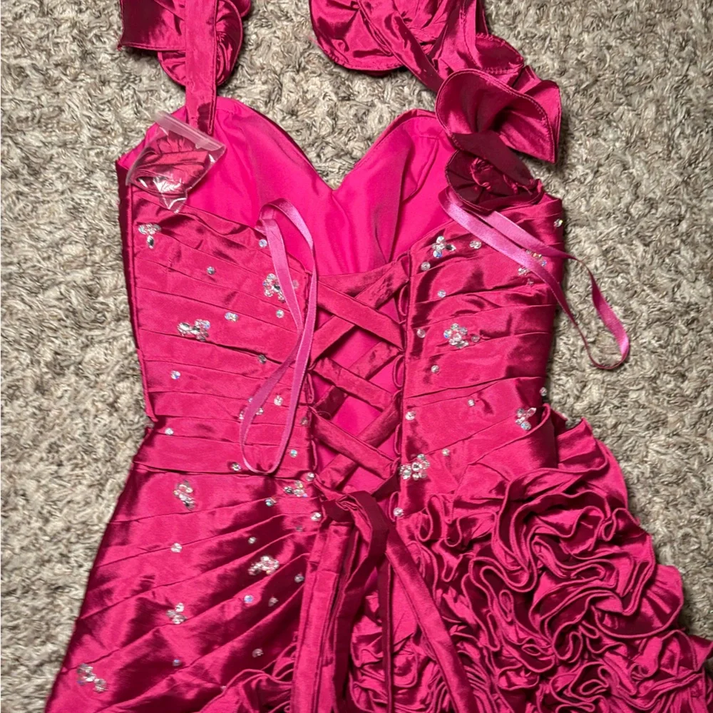 Mori Lee Hot Pink Halter Cocktail Dress with Embellished Bodice - Picture 6 of 6